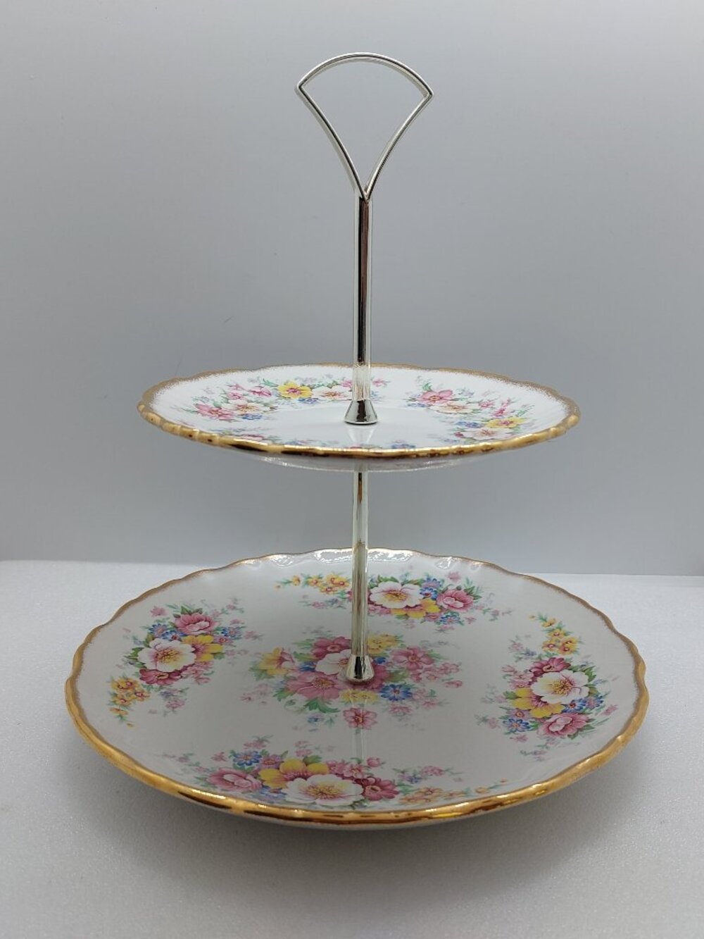 Vintage 2 Tier Cake Dessert Stand Old Foley Staffordshire Floral Design Gold Rim